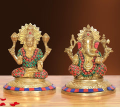 Brass Lakshmi Ganesha statue, seated with red-green jeweled detailing, 5 in.