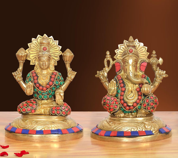Brass Lakshmi Ganesha Statue - Handcrafted (Height: 5 Inch)