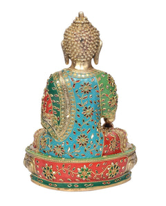Back view: Brass Gautam Buddha statue with multicolor patterned robe and lotus base