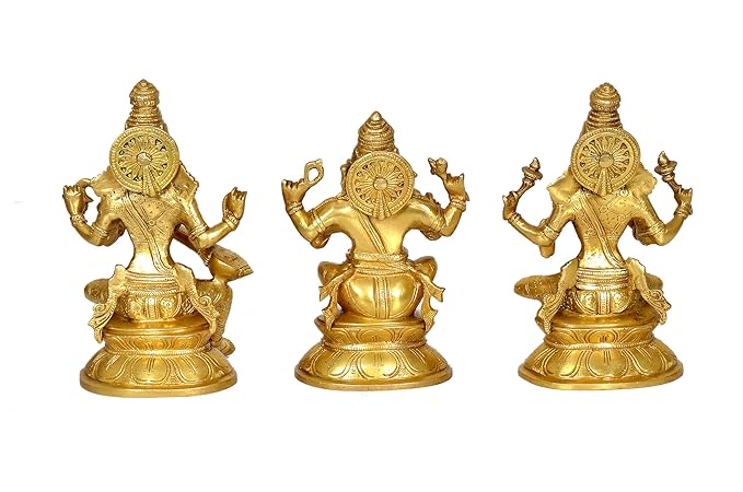 Brass Laskshmi Ganesh Saraswati Statue Idol On Base for Temple Mandir Home Decor | Height : 8 Inches