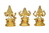 Brass Ganesh Lakshmi Saraswati idol set rear view, detailed halos and crowns