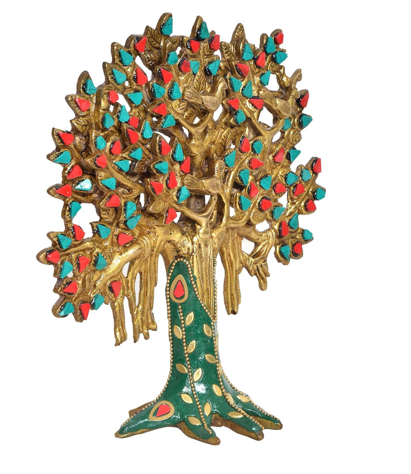 Brass Kalpavriksha Tree Table Standing with Stonework for Home Decor and Ofice Teble Decor Figurine (Height: 8.5 inch)