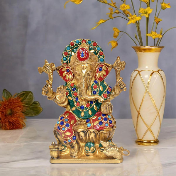 Brass Lord Ganesha Idol Ganesh Statue Decorative Sculpture for Home Decor Office Mandir Pooja Showpiece (Height 6 Inch) (Multicolor 1)