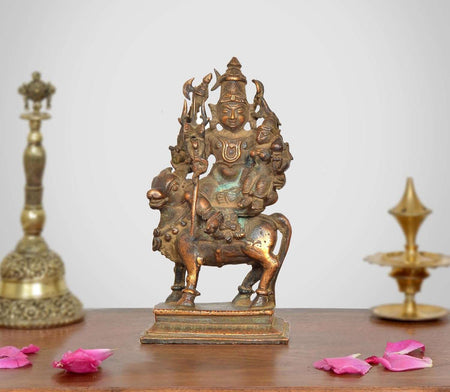 Copper Lord Shiva Parvati Sitting on Nandi Idol Statue (Height 4.5 Inch)