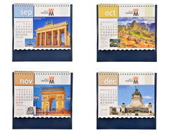 Desk calendar month panels showing Sep, Oct, Nov, and Dec with monument photos