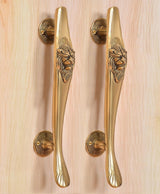Brass gold door pull handles pair with lion face detail on vertical grip bars
