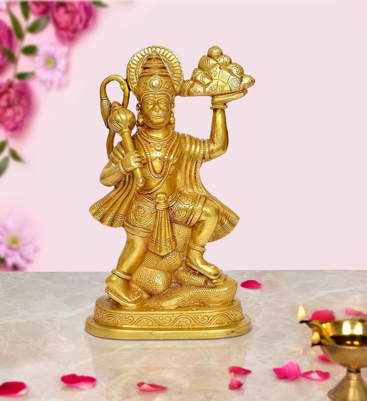 Brass Hanuman idol with mountain, gold finish, raised arms and detailed jewelry