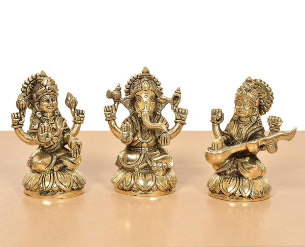 Brass Lakshmi Ganesha Saraswati Idol (Height 4.5 Inch) Study Setting