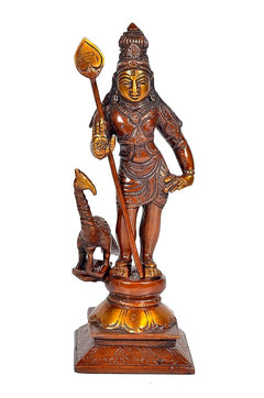 Bronze Kartikeya idol, standing with spear; peacock figure at base