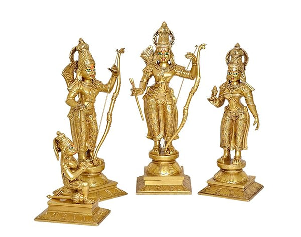 Brass Ram Darbar Murti Including Dresses and Eye Work (Height: 20 inches) Study Setting