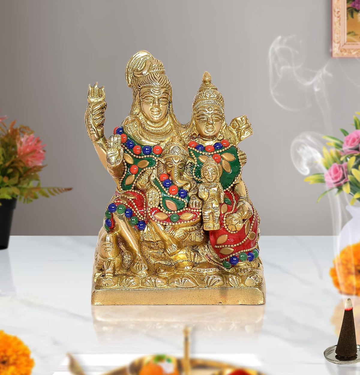 Brass Shiv Parivar murti, 5 inch: gold-toned family deity sculpture with painted beaded detailing