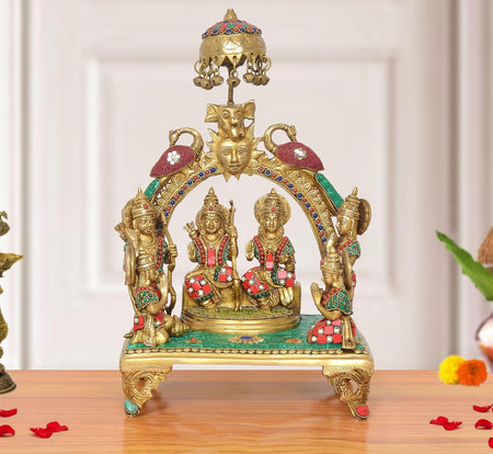 Brass Ram Darbar Murti Chtra On Top with Sun Peacock and Singhashan (Height: 17 inch)