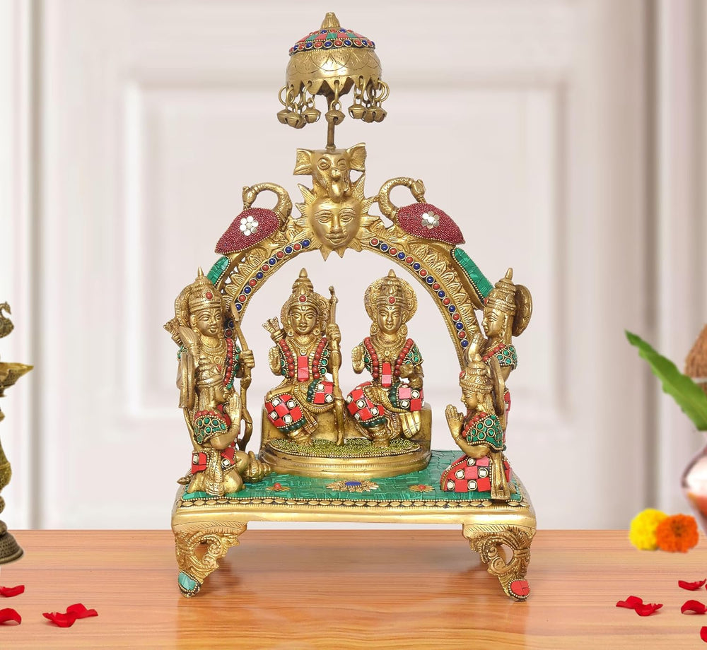 Brass Ram Darbar Murti Chtra On Top with Sun Peacock and Singhashan (Height: 17 inch)