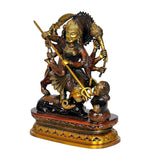 Mahishasura Mardini brass sculpture with trident, seated pose on lion-like mount