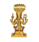 Gold brass Durga Mariamman idol back view, large halo and seated figure, on base