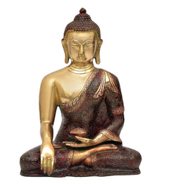 Dhyana mudra Buddha idol, brass face and torso with dark patterned robe, seated