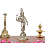 Brass Ardhanarishvara statue, standing pose with trident and hand raised on round base