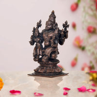 Copper Lord Vishnu with Bhudevi & Sridevi idol, side angle, ornate crown and arms