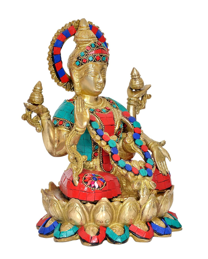 Brass Lakshmi Idol Laxmi Goddess Lakshmi Sitting Statue for Puja Temple at Home Decor Office (Height: 9 Inch)