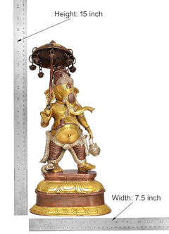 Brass Ganesha idol height 15 in, parasol above head, gold-brown standing figure