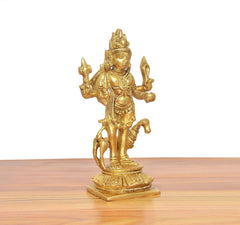 Golden brass Shri Kaal Batuk Bhairava idol, opposite side view, raised arms