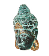 Buddha mask wall hanging, teal face with gold side ornaments, carved relief texture