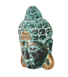 Buddha mask wall hanging, teal face with gold side ornaments, carved relief texture