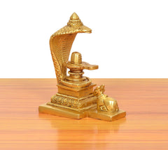 Brass Shivling idol with Naag hood and Nandi figure on base, 4 inch