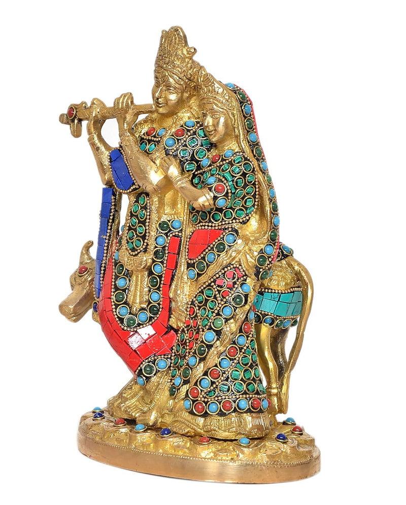 Brass Radha Krishna with Cow Idol Statue for Home Decor and Pooja Mandir Temple Office Decor (Height 9.5 Inch)