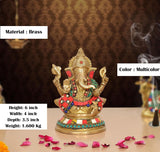 Brass Lakshmi Ganesh statue, multicolor jeweled detailing, seated idol with raised hands