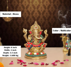 Brass Ganpati Bappa murti, Material: brass, Color: multicolor, Height: 6 inch