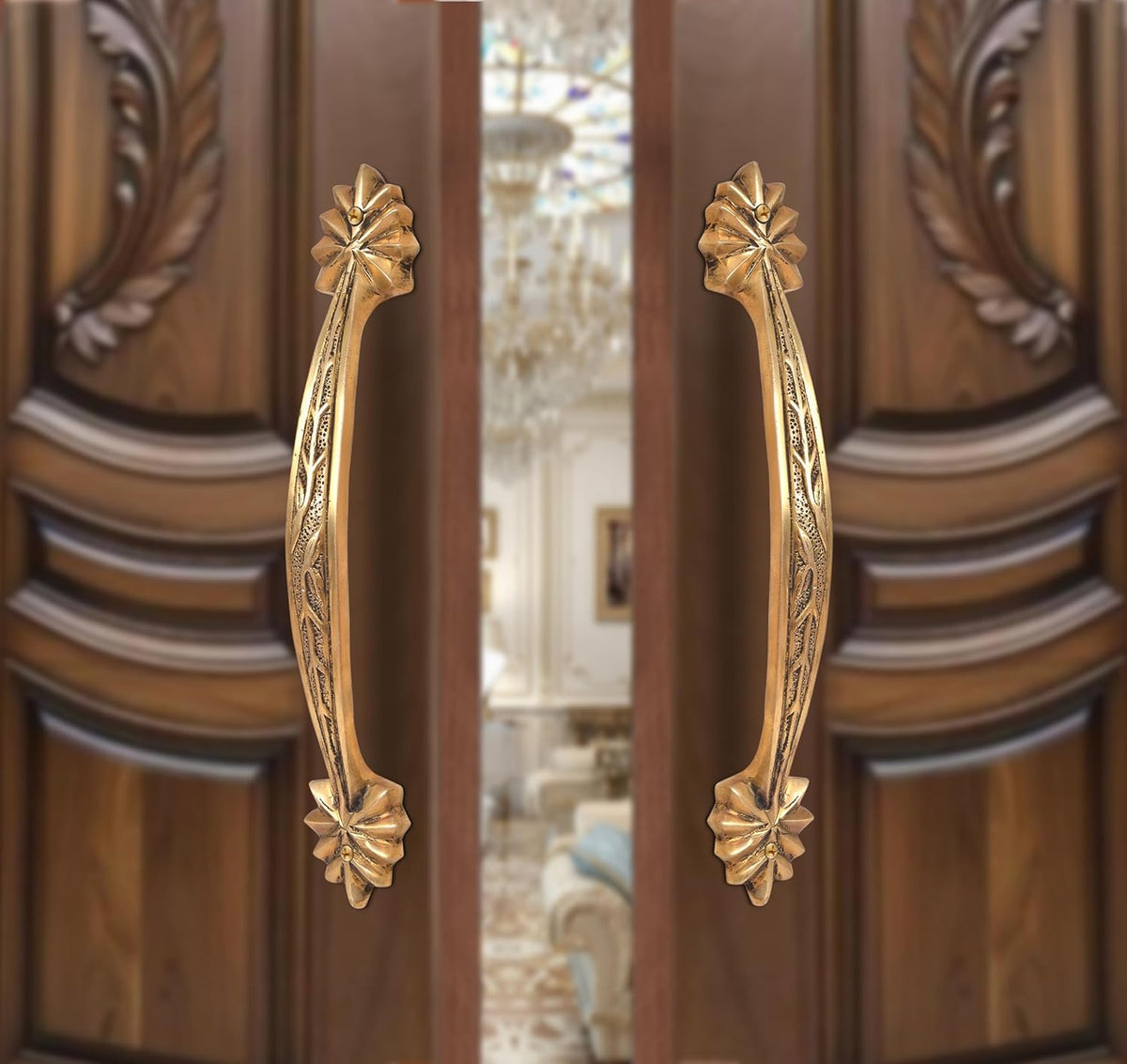 Brass Leaf Carved Design Main Door Handle Pair (Pack of 2) (Height : 12 inch)
