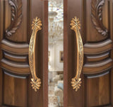 Brass door handle pair with carved leaf design, ornate golden finish, pack of 2.
