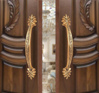 Brass door handle pair with carved leaf design, ornate golden finish, pack of 2.