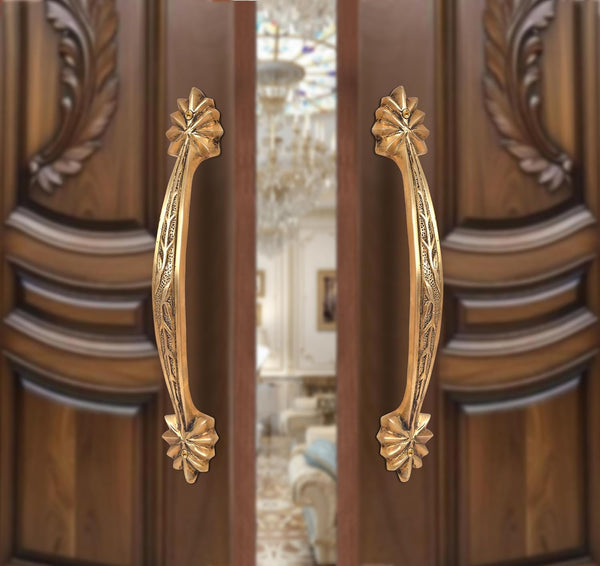 Brass Leaf Carved Design Main Door Handle Pair (Pack of 2) (Height : 12 inch)