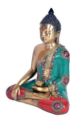 Brass Buddha statue seated in Bhumisparsha mudra, side view, teal and red mosaic