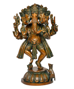 Brass Panchmukhi Ganesha dancing figurine, full-body stance with raised hands, green-gold
