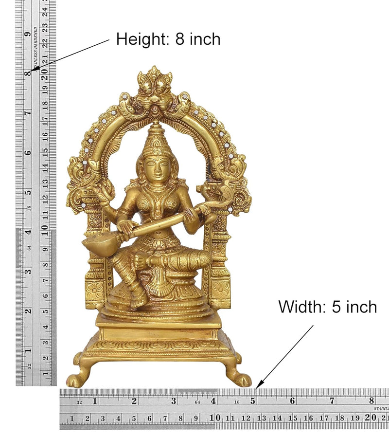 Brass Saraswati Seated on Lotus - Handcrafted Hindu Goddess Saraswati Idol for Home Decor and Pooja (Height 8.5 Inch)