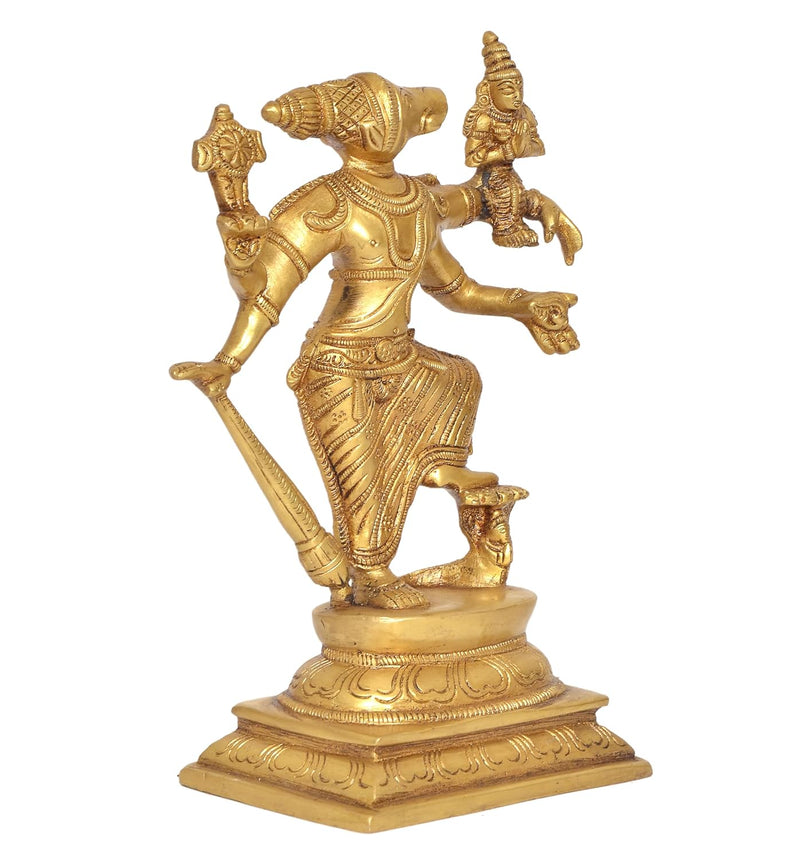 Brass Varaga Lakshmi Varaha Carrying Bhudevi Statue |Avatar of Bhagawan Vishnu| for Home, Mandir Pooja Decor Idol (Height: 9 Inch)