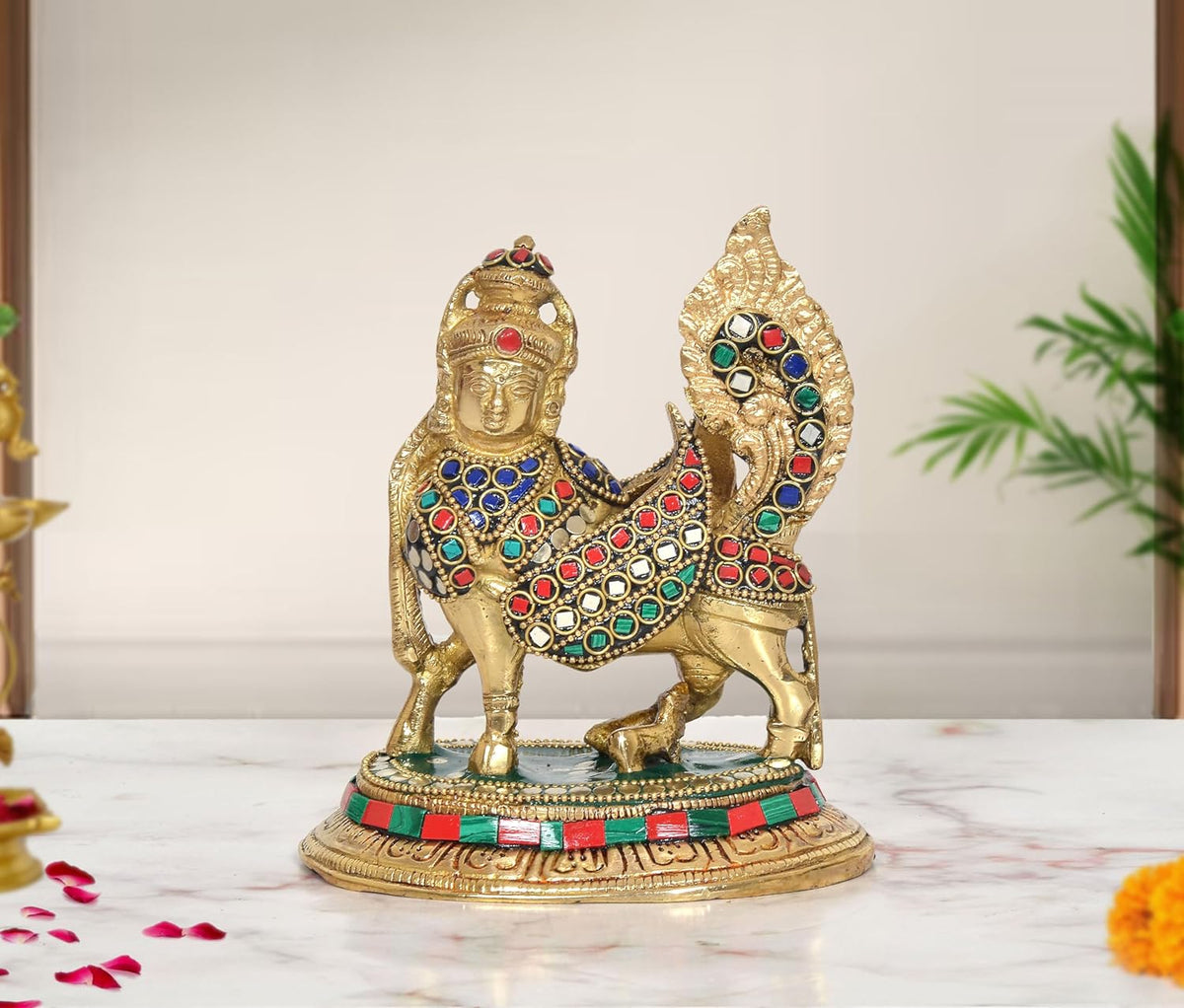 Brass Kamadhenu cow calf with wings showpiece, multicolor gemstone detailing