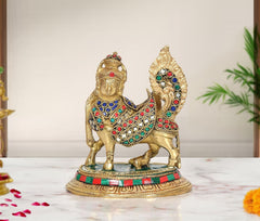 Brass Kamadhenu cow calf with wings showpiece, multicolor gemstone detailing