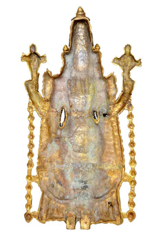 Brass Tirupati Bala Ji idol statue, back view with plain gilded surface and decorative frame