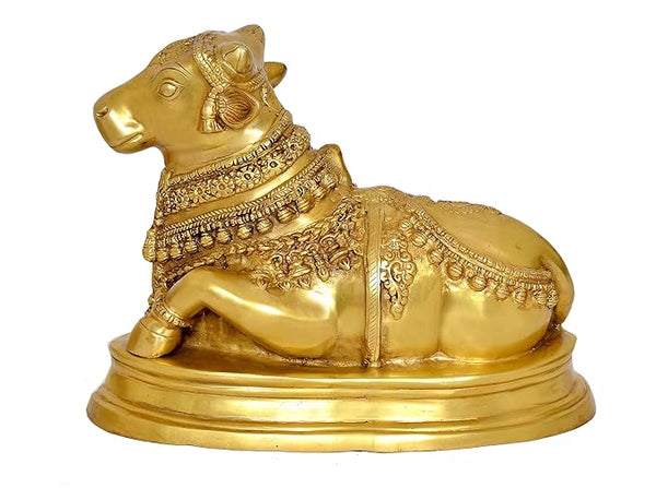 Brass Nandi Cow Statue Idol Murti On Base Decorative Item for Home | Height : 13.5 Inch Study Setting