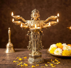 Brass Standing Ashtalakshmi Oil Lamp with 7-Wick Deepam – Traditional Hindu Puja Diya for Home Temple, Festive Décor & Diwali Gifting (Height: 8 Inches)