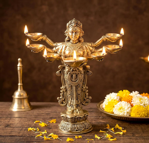Brass Standing Ashtalakshmi Oil Lamp with 7-Wick Deepam – Traditional Hindu Puja Diya for Home Temple, Festive Décor & Diwali Gifting (Height: 8 Inches)