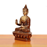 Brass Buddha idol side view, Abhaya mudra hand raised, ornate base