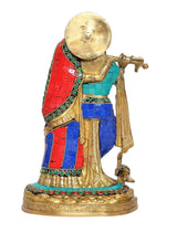 Brass Radha-Krishna idol statue, rear/side view with jeweled red, blue, and green