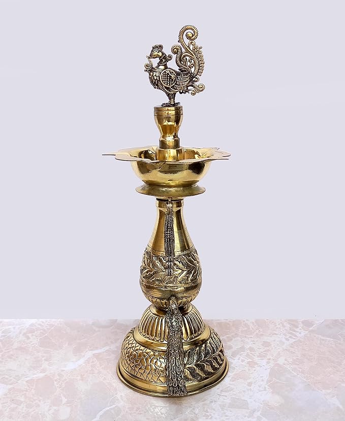 Fine Brass Oil Lamp Peacock Diya Stand for Home Decoration Diwali Pooja, Height: 11.5 Inch