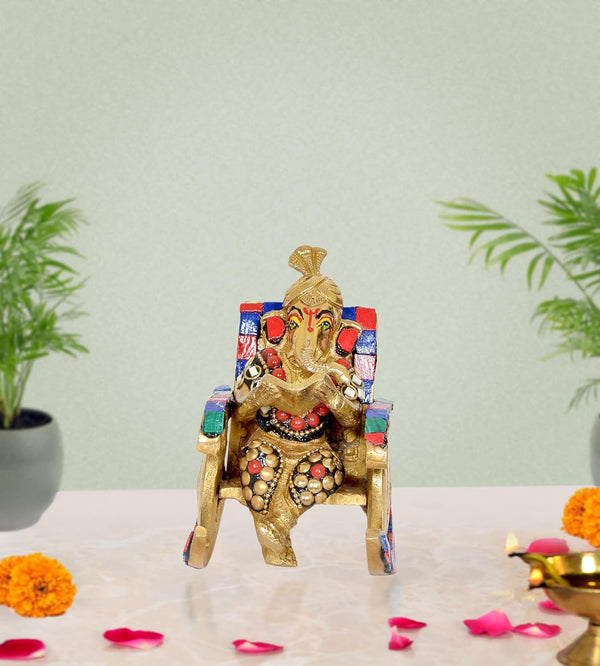 Brass Ganesha Statue Book Reading Turbaned Ganesh Sitting on Chair Sculpture for Home DecorMulticolor (Height 5 inch) (Multicolor1)