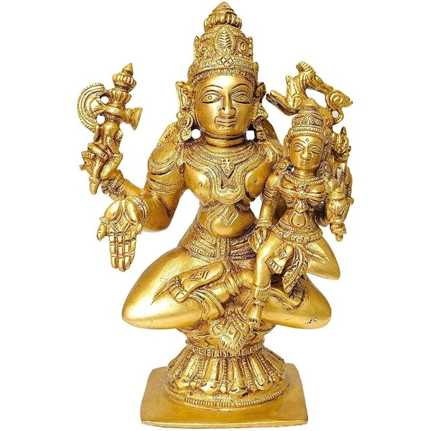Brass Shiva Parvati figurine, 7 in, seated with two figures